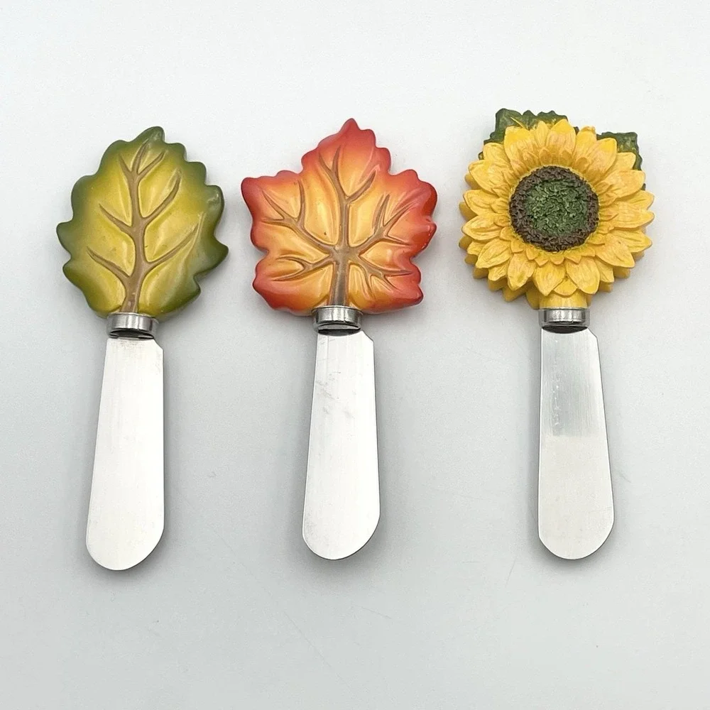 Vintage 2000s Autumn Harvest Cheese Spreaders Sunflower‎ Pumpkin Leaf Acorn Set